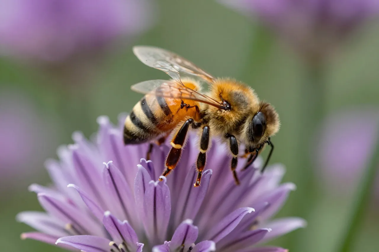 A close-up macro shot of a honeybee perched on a pale purple chive flower
