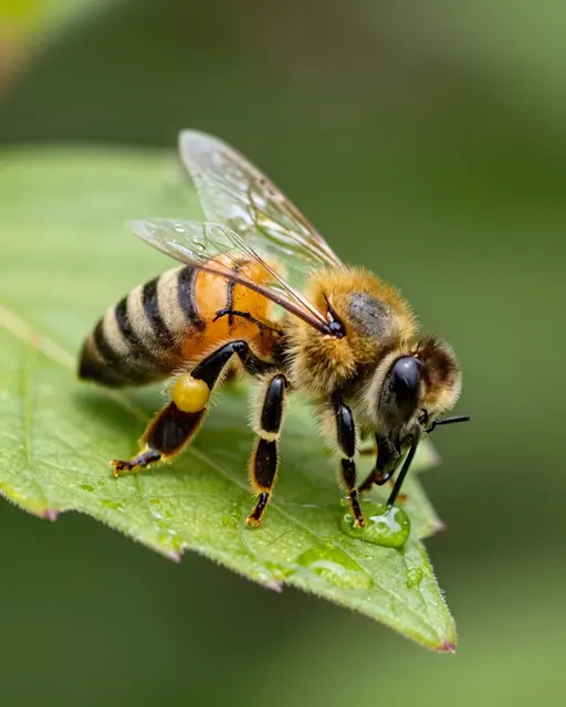 Close-up macro of a honeybee perched on a green leaf drinking from a water droplet