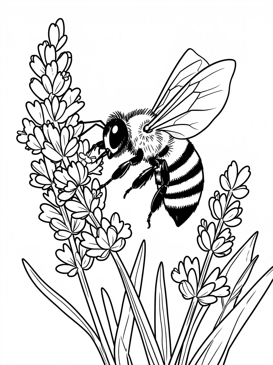 Black and white bold line art of a honeybee collecting pollen from lavender stalks on a white background