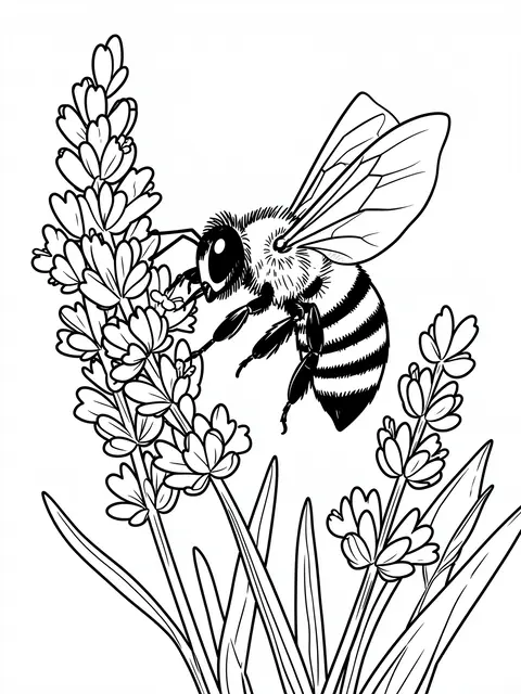 Black and white bold line art of a honeybee collecting pollen from lavender stalks on a white background