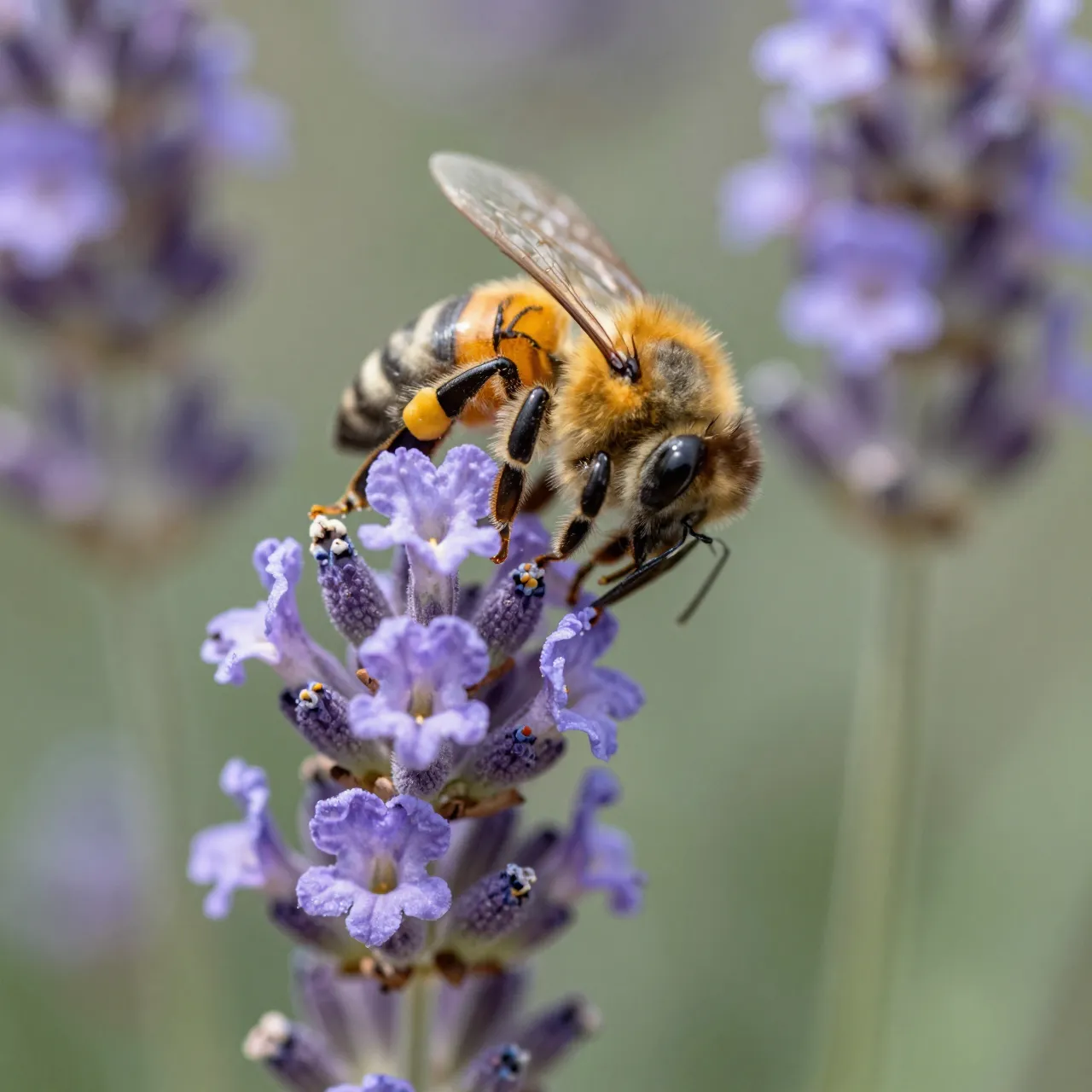 Close-up macro shot of a honeybee collecting pollen from a lavender flower spike
