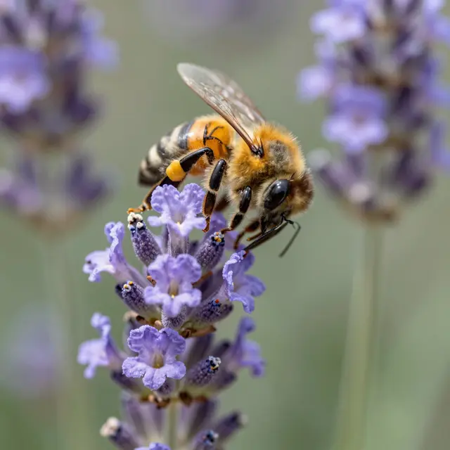 Close-up macro shot of a honeybee collecting pollen from a lavender flower spike