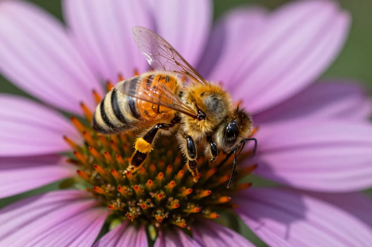 A close-up macro shot of a honeybee with bright orange pollen on its leg perched on a purple coneflower