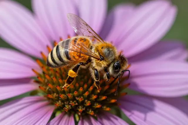 A close-up macro shot of a honeybee with bright orange pollen on its leg perched on a purple coneflower