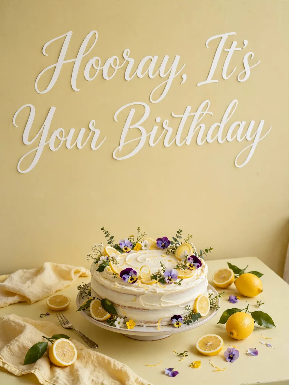 White cursive 'Hooray, It's Your Birthday' lettering sits above a decorated lemon cake on a pale yellow table.