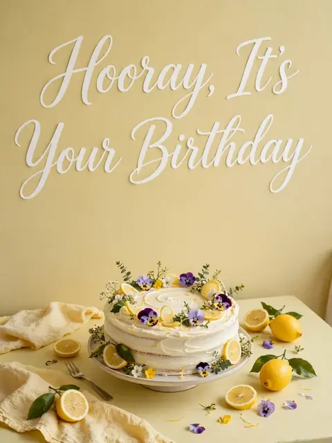 White cursive 'Hooray, It's Your Birthday' lettering sits above a decorated lemon cake on a pale yellow table.