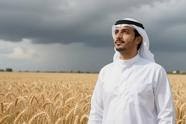 A Middle Eastern man in traditional dress looks up while standing in a golden wheat field under stormy skies