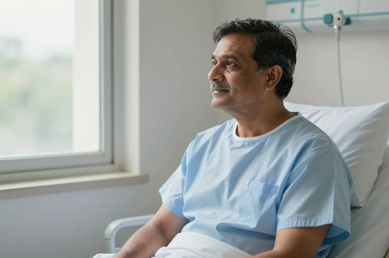 A South Asian man in his sixties sits upright in a hospital bed looking out a room window with a calm hopeful expression.