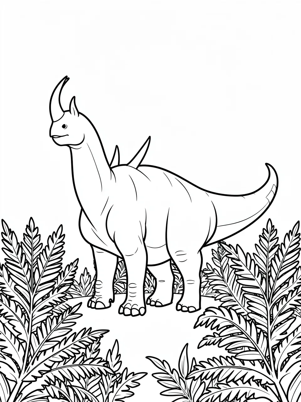 Black and white bold line art of a standing horned dinosaur surrounded by ferns on a plain white background