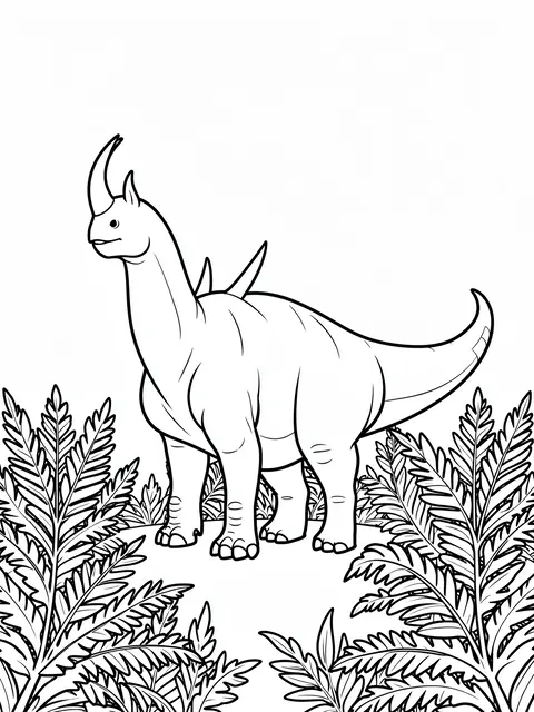 Black and white bold line art of a standing horned dinosaur surrounded by ferns on a plain white background