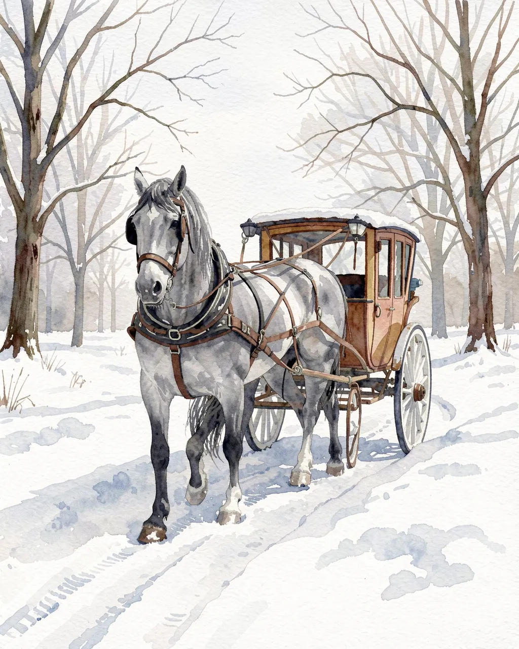 Watercolor of a gray horse pulling a wooden carriage along a snow covered winter lane lined with bare trees