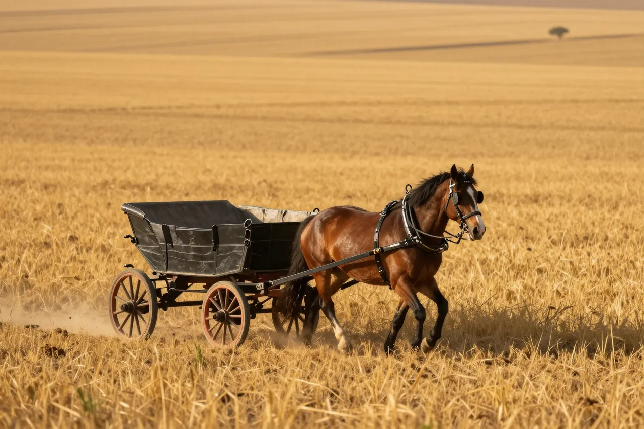 A harnessed brown horse pulls an old wooden wagon across a sunlit golden harvested field