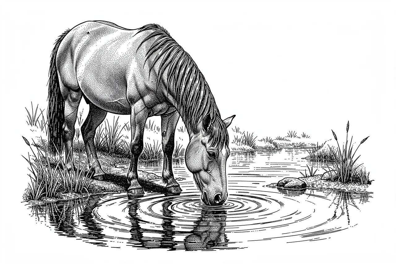 Pen and ink stippled drawing of a horse bending to drink rippling water from a shallow grass-fringed stream