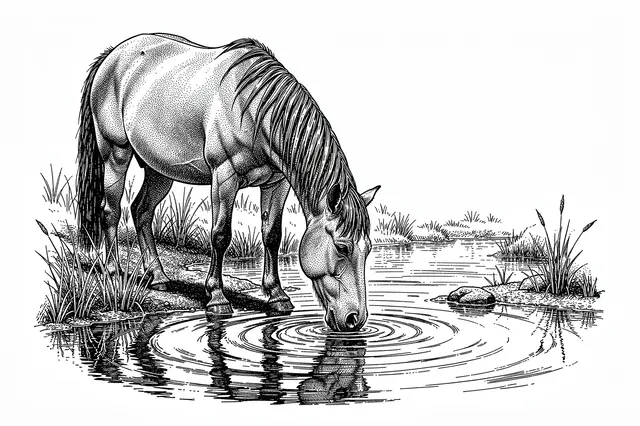 Pen and ink stippled drawing of a horse bending to drink rippling water from a shallow grass-fringed stream