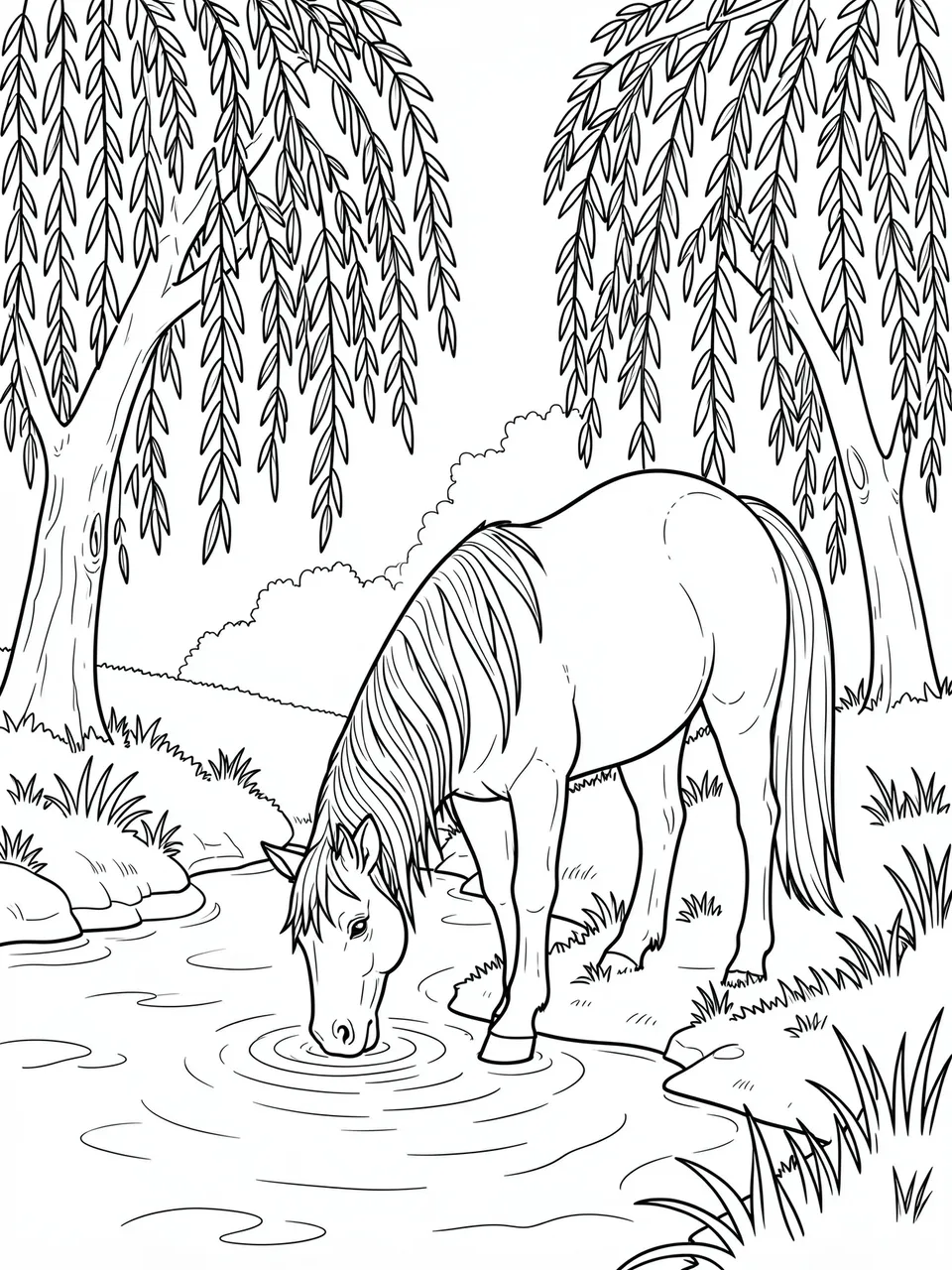 Black and white line art of a mare drinking from a stream beneath weeping willow trees