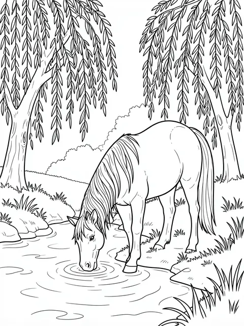 Black and white line art of a mare drinking from a stream beneath weeping willow trees