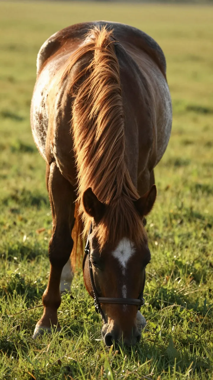 Chestnut horse with a white facial marking grazes in sunlit grass at golden hour