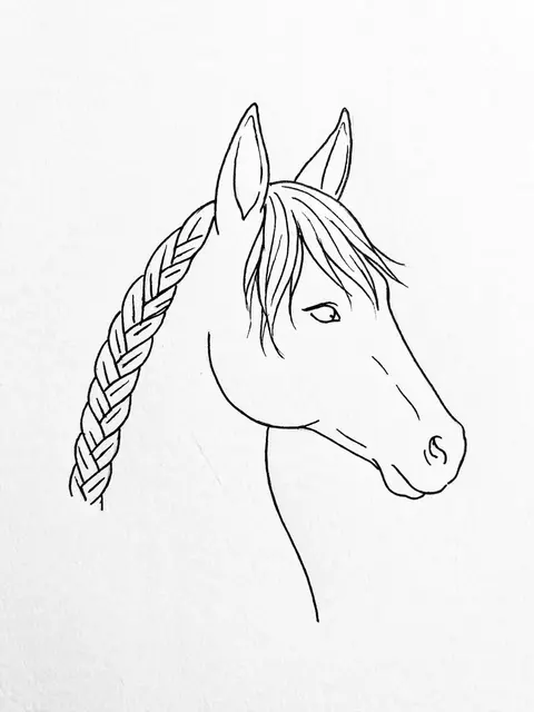 Simple black line drawing of a horse head with a braided mane and pricked ears on off-white paper