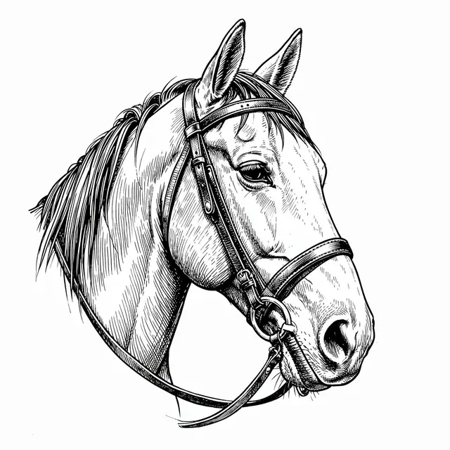 Pen and ink illustration of a horse head wearing a leather bridle on a plain white background