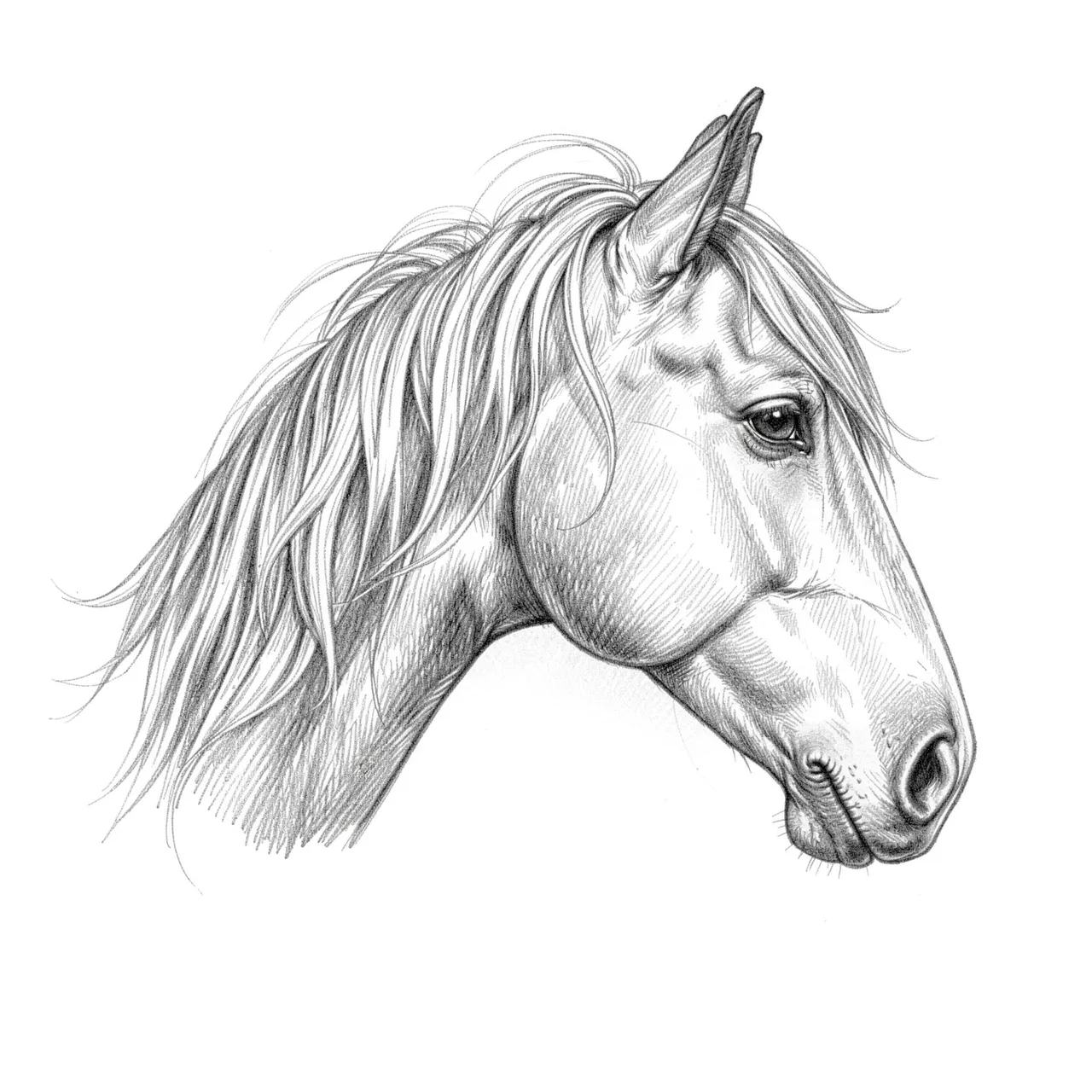 Detailed graphite pencil sketch of a horse head in side profile with a flowing mane on white paper