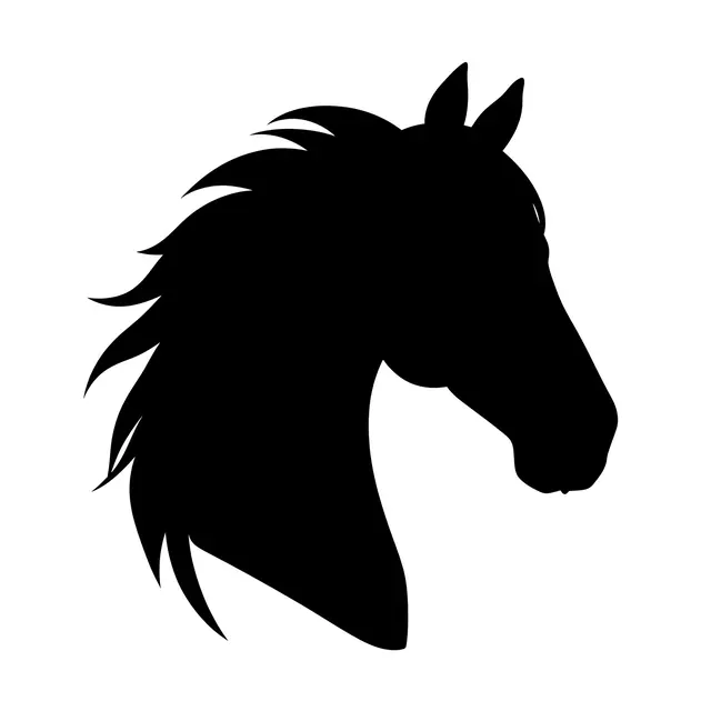 Solid black silhouette of a horse head with flowing mane set against a plain white background