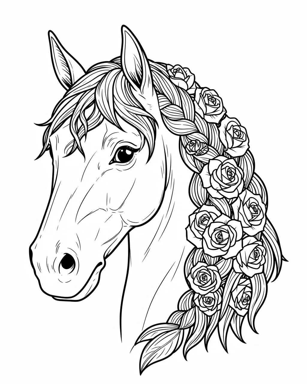Black and white line art of a horse head with a braided mane woven full of roses.