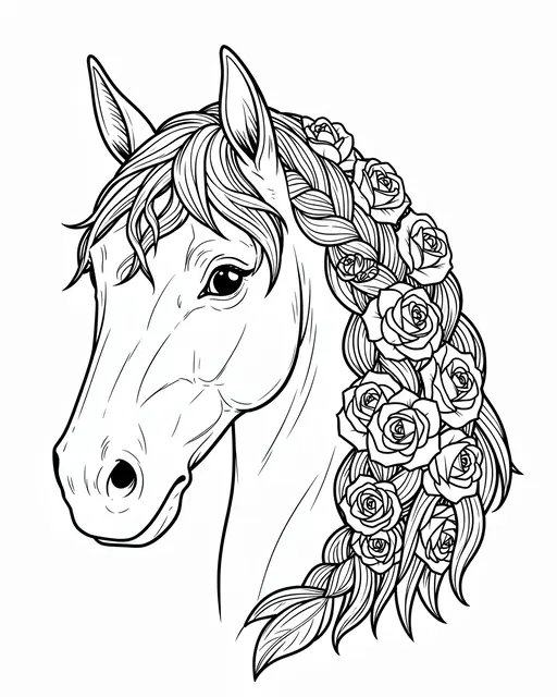 Black and white line art of a horse head with a braided mane woven full of roses.