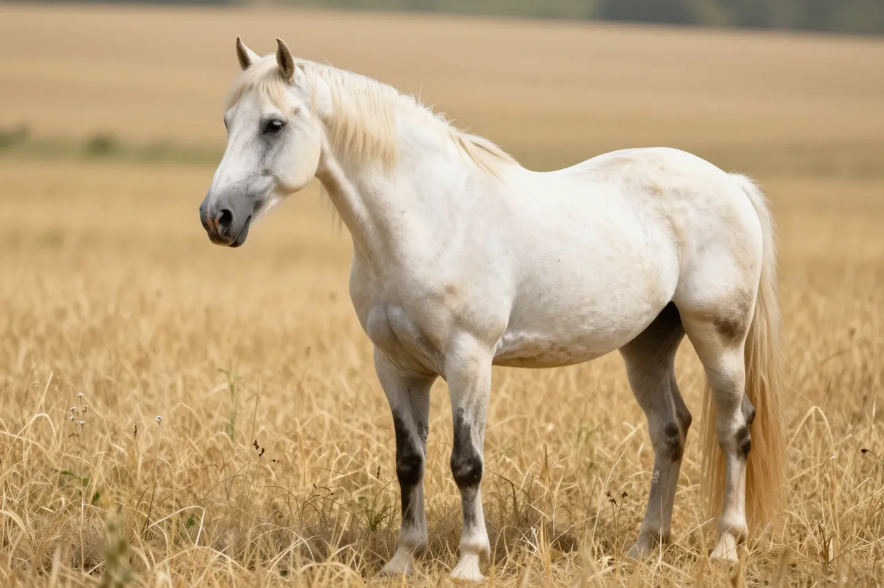 A light coated horse with pale mane stands calmly in a sunlit golden grass field