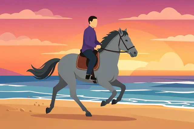 A faceless rider on a gray horse gallops along a sandy beach at vibrant sunset