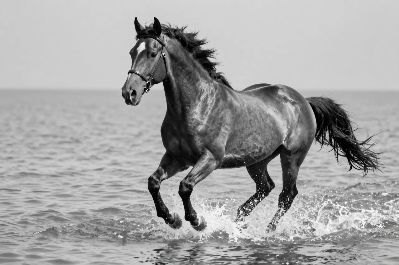 A dark horse with a flowing mane trots through shallow coastal water creating bright splashes in black and white.