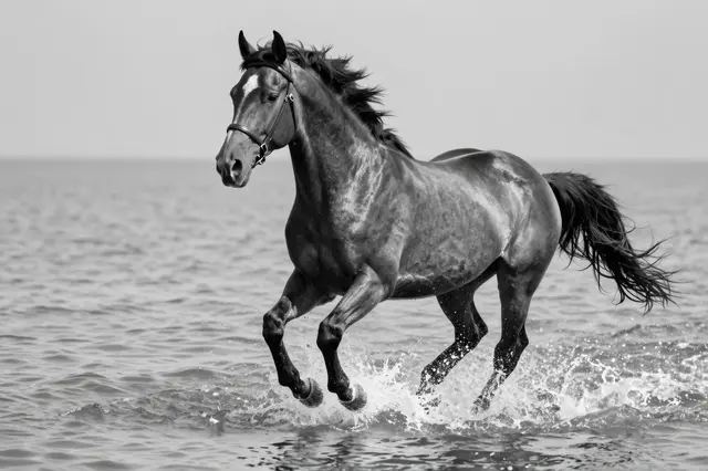 A dark horse with a flowing mane trots through shallow coastal water creating bright splashes in black and white.