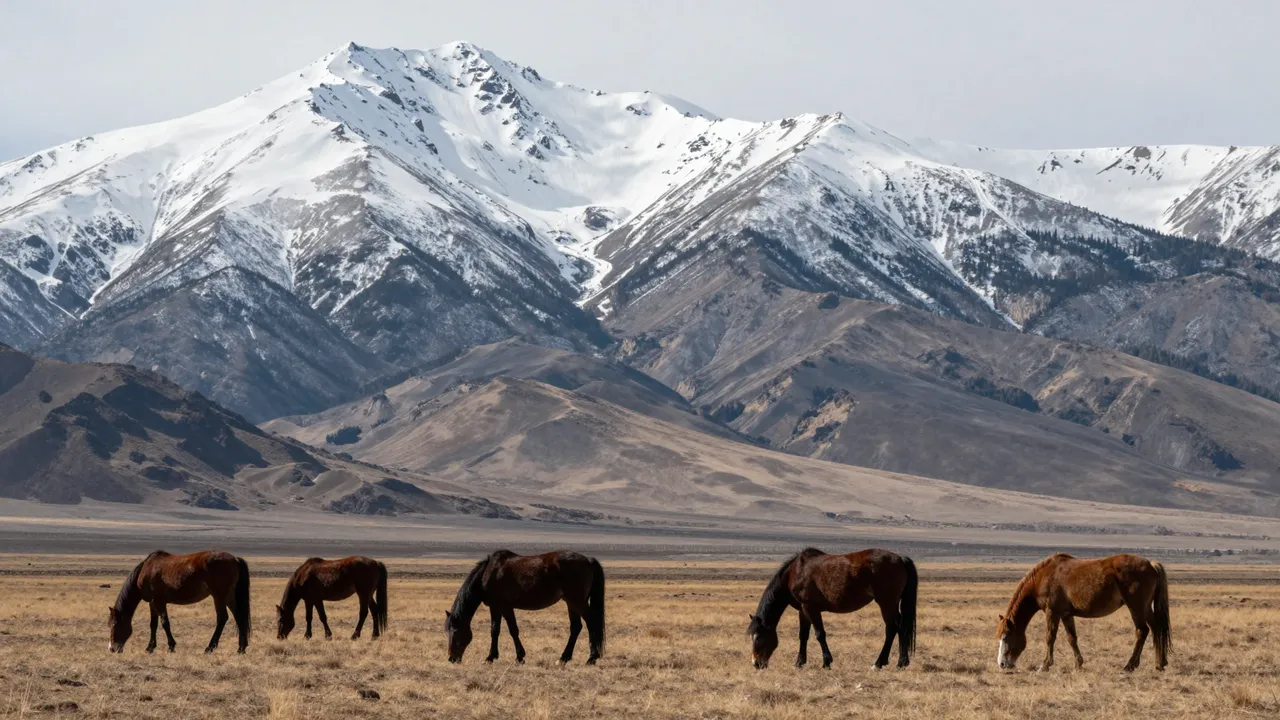 A line of brown horses graze on dry grassland in front of tall snow-capped mountains