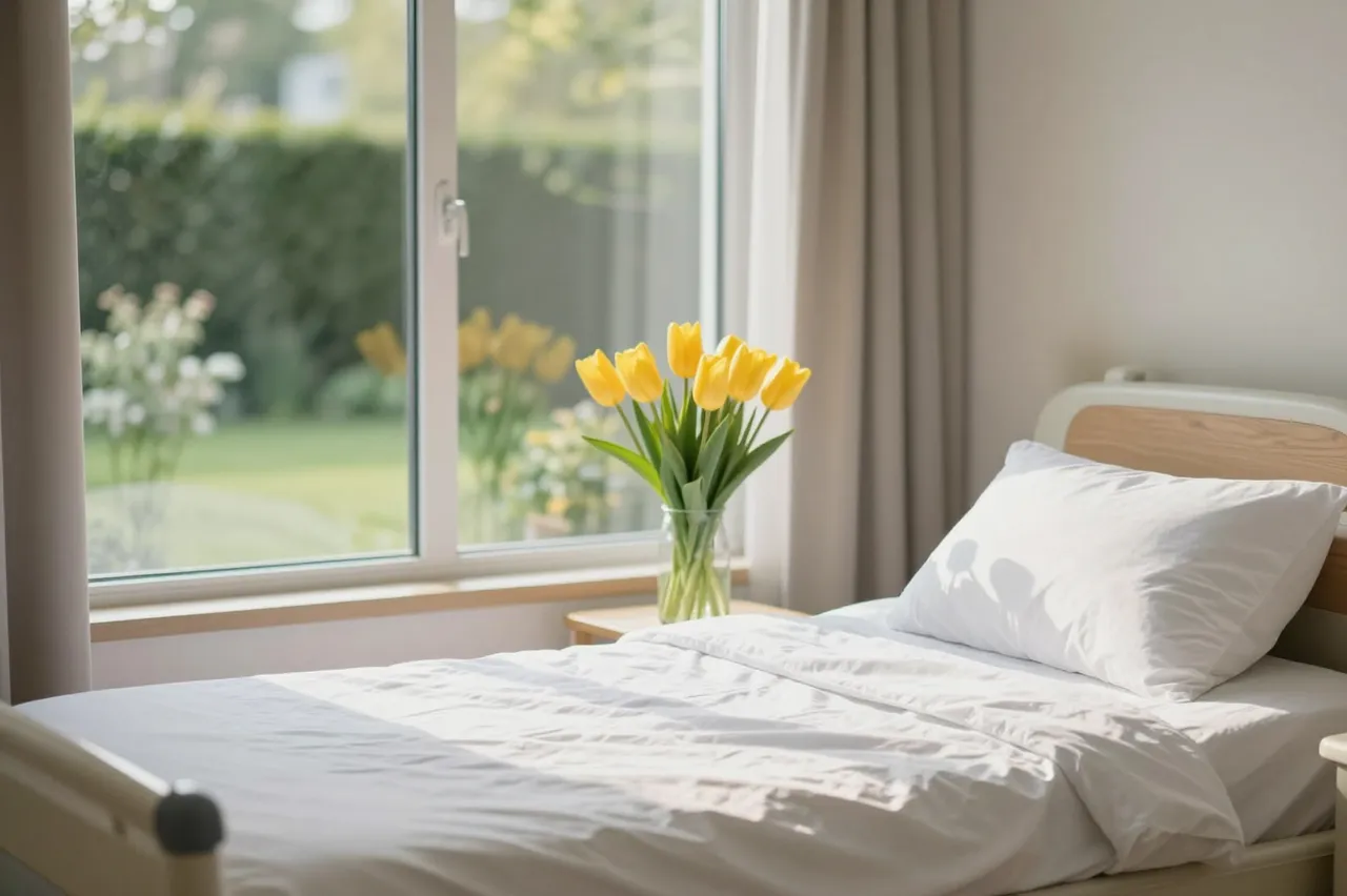 Sunlit hospice patient room with a made bed, yellow tulips, and a garden view through a window