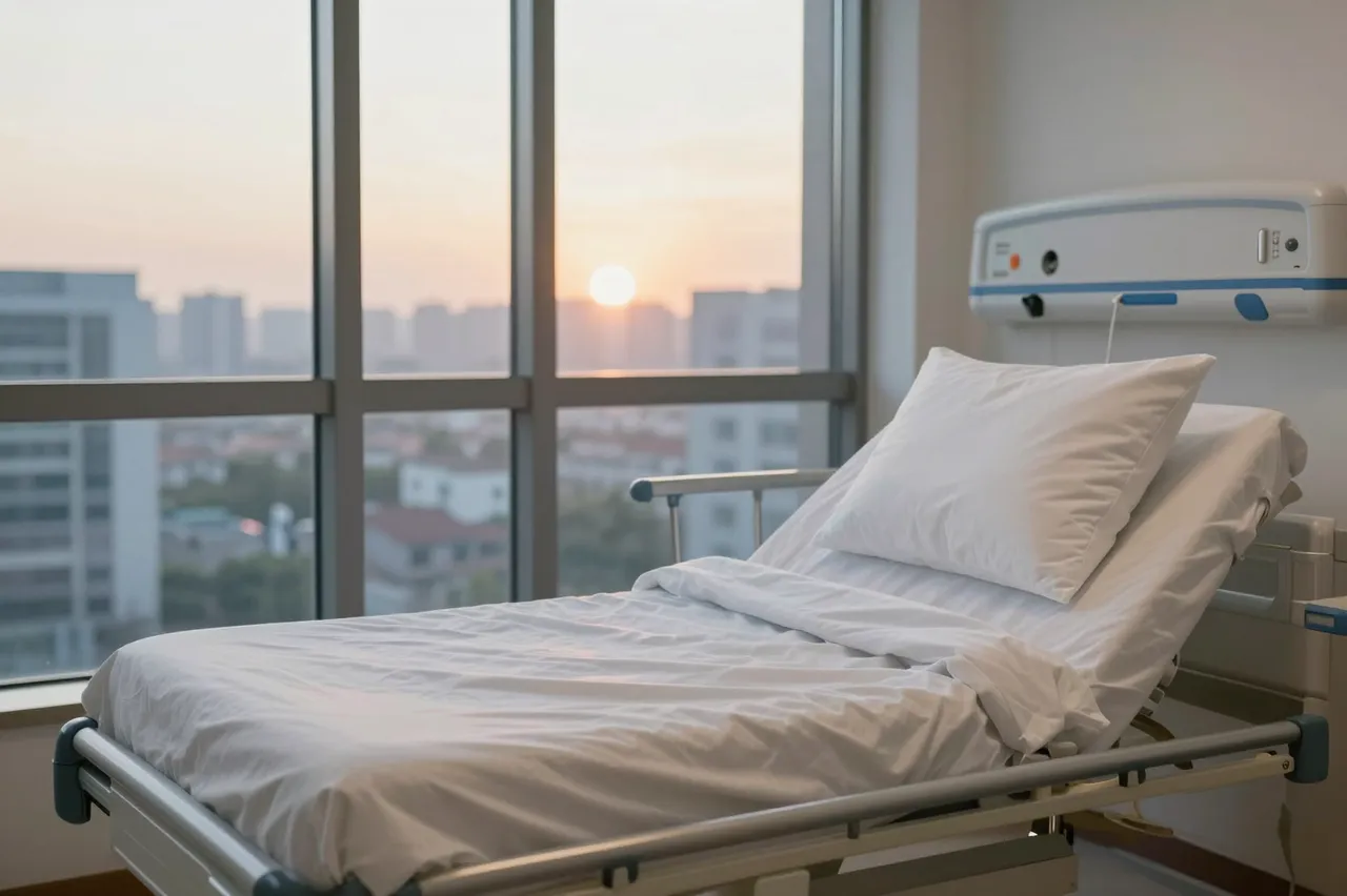 An empty raised hospital bed sits next to a large window with a city sunset view.