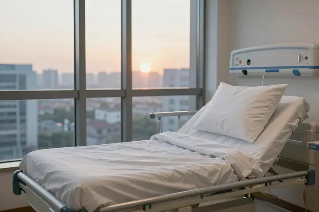 An empty raised hospital bed sits next to a large window with a city sunset view.