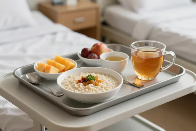A metal hospital breakfast tray with porridge, fresh fruit and tea sits on an over-bed table in soft morning light.