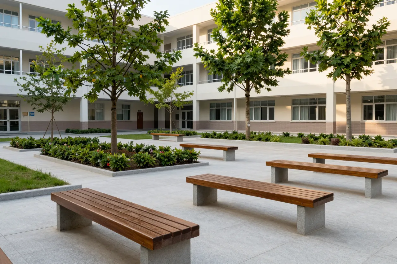 Empty modern hospital courtyard with wooden benches and young trees in soft morning light