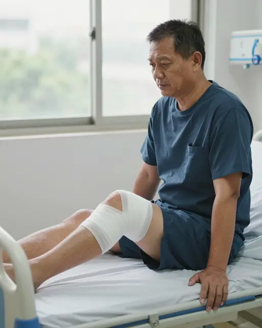 Middle aged Southeast Asian man with a bandaged knee sits on a hospital bed beside a window