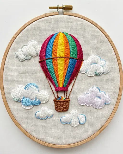 Stitched multicolor hot air balloon and clouds displayed in a wooden embroidery hoop on linen