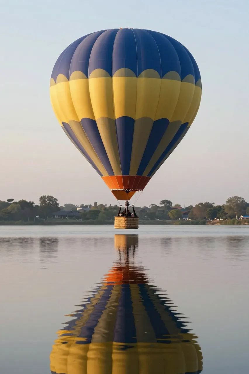 Colorful hot air balloon floating low over a still calm lake with its full reflection visible at dawn