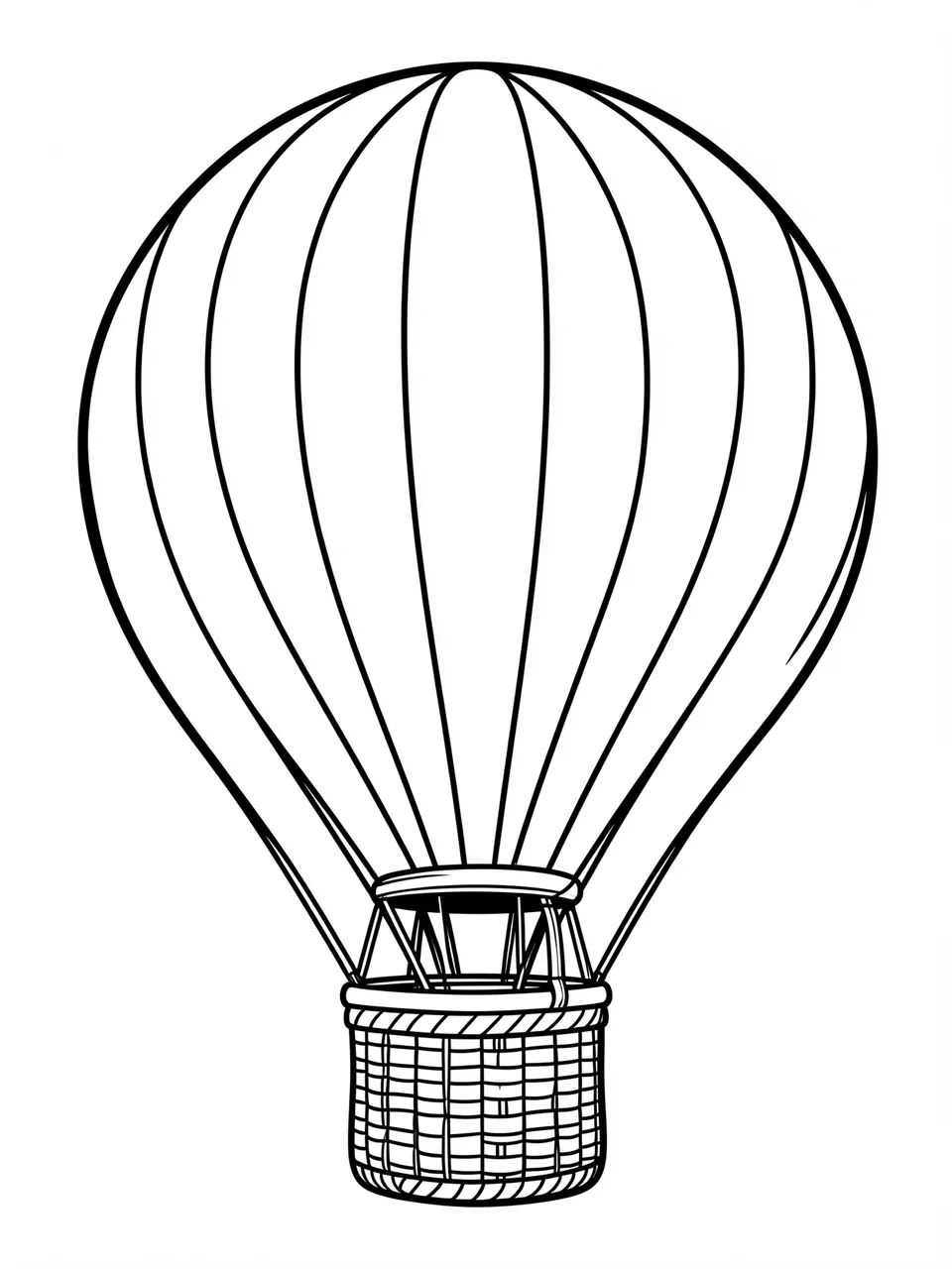 Black and white bold line art of a classic hot air balloon on a plain white background