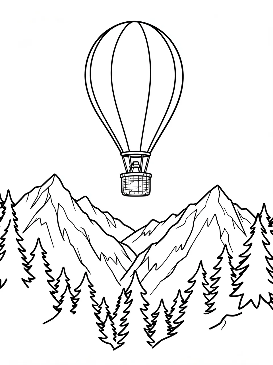 Bold black line art coloring page of a hot air balloon floating above pine and mountain scenery