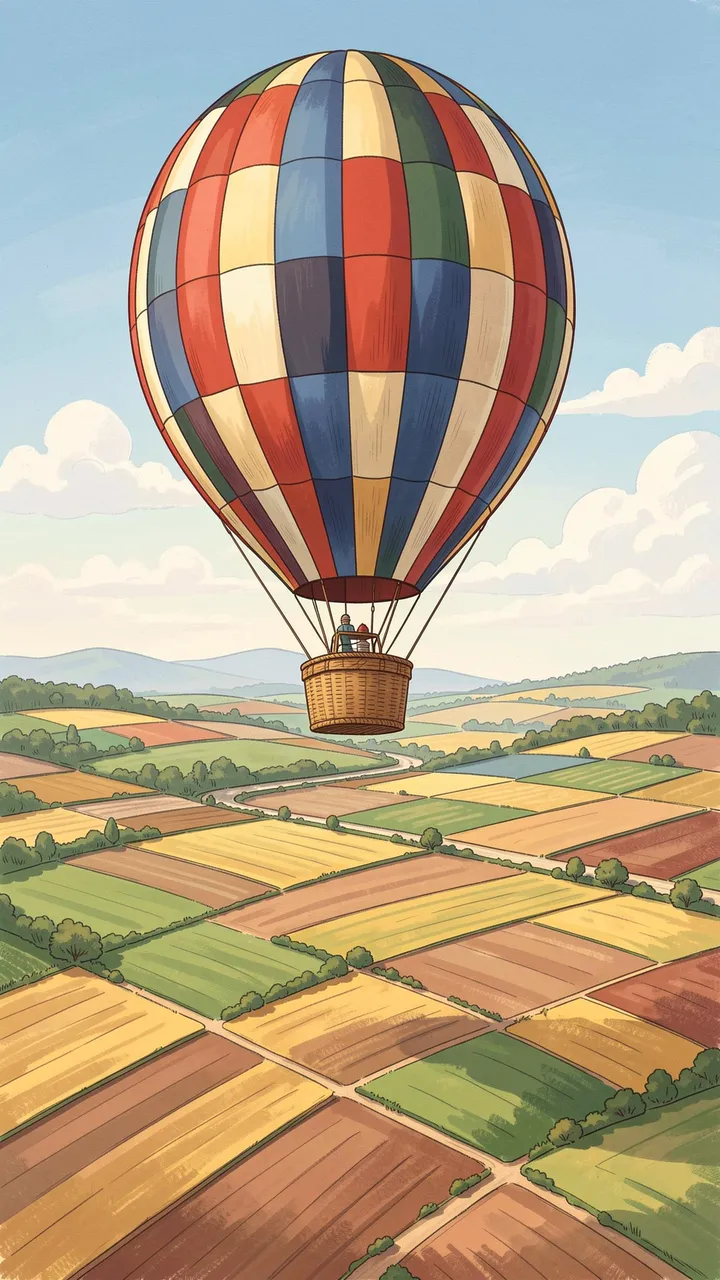 Illustrated hot air balloon floats over patchwork farm fields beneath a soft cloudy sky