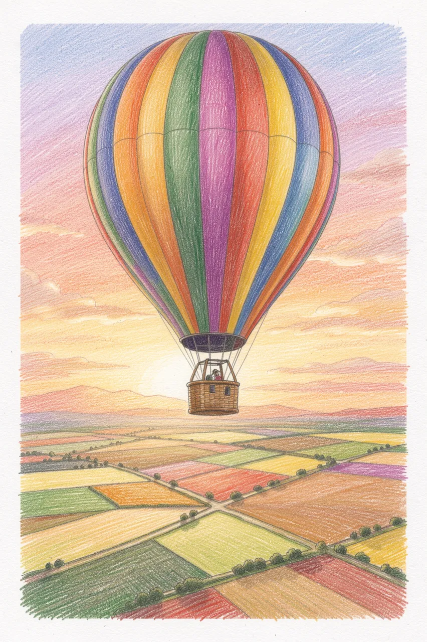 Colored pencil drawing of a striped hot air balloon floating over patchwork fields at sunset