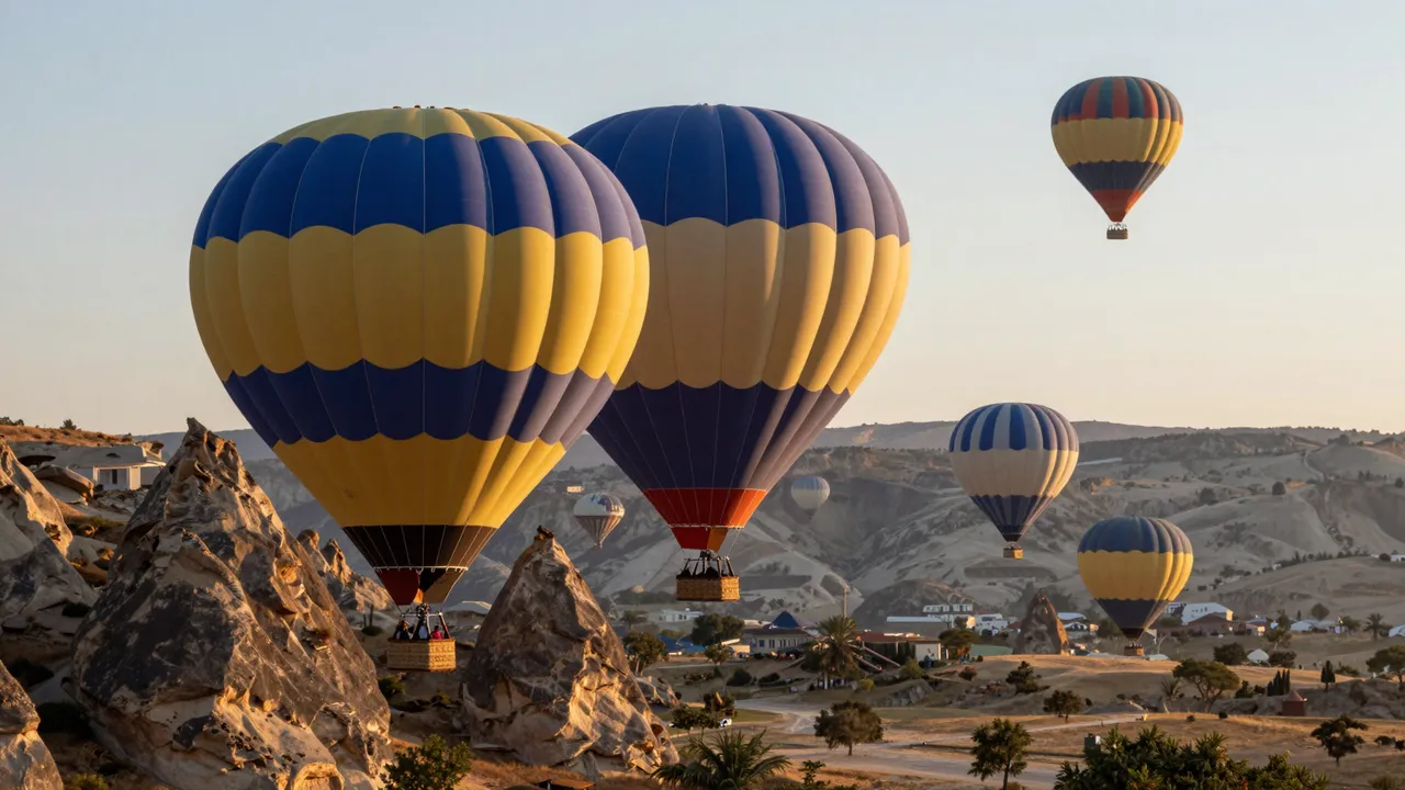Colorful hot air balloons float above rocky valley terrain during soft golden sunrise