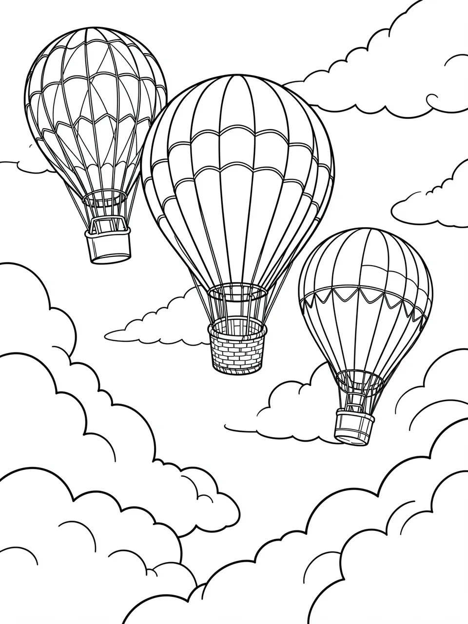 Black and white line art of three hot air balloons floating among fluffy clouds