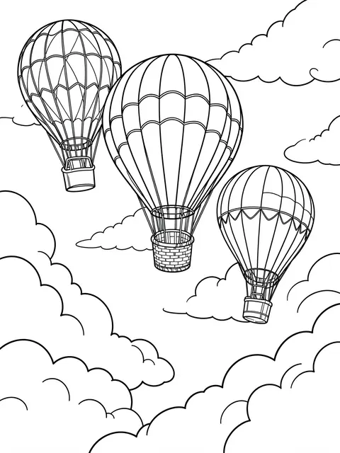 Black and white line art of three hot air balloons floating among fluffy clouds