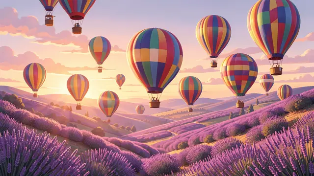 Colorful striped hot air balloons float over rolling lavender hills during a soft golden dawn