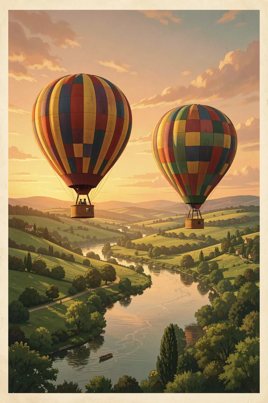 Two patchwork hot air balloons float above a winding green river valley at soft sunrise