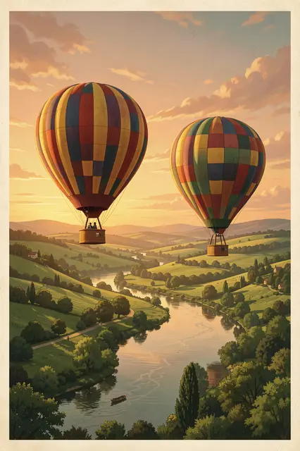 Two patchwork hot air balloons float above a winding green river valley at soft sunrise
